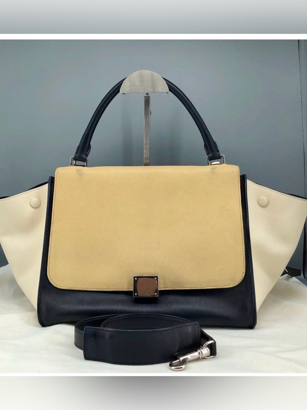 Celine Trapeze Two-Way Tote Bag Black Cream Leather | Authentic | COA